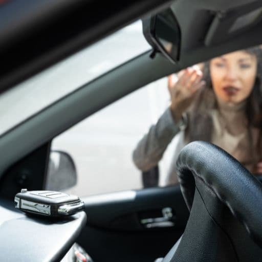 Mujer frustrada fuera de su auto cerrado con las llaves adentro, mientras espera a los cerrajeros automotriz para resolver el problema.