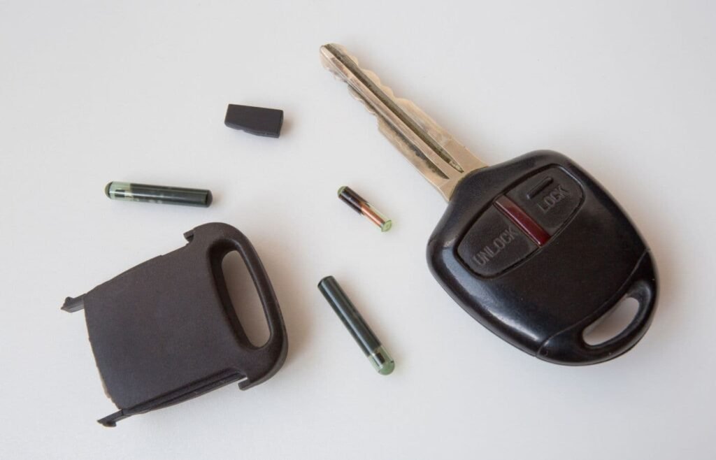 Llave automotriz desarmada mostrando el chip transponder durante la programación de llaves con chip cerca de mí.