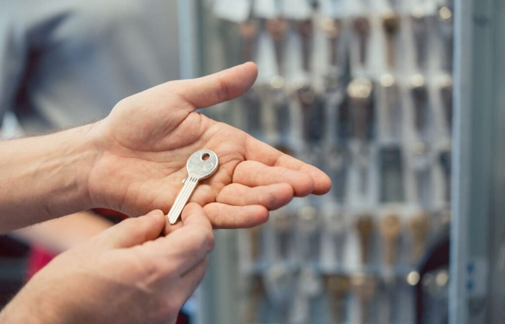 Cerrajero mostrando una llave nueva en una mano, ilustrando que se puede sacar duplicado de llave sin tener la llave con ayuda profesional.
